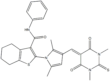2-{3-[(1,3-dimethyl-4,6-dioxo-2-thioxotetrahydro-5(2H)-pyrimidinylidene)methyl]-2,5-dimethyl-1H-pyrrol-1-yl}-N-phenyl-4,5,6,7-tetrahydro-1-benzothiophene-3-carboxamide 结构式
