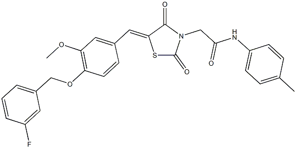 2-(5-{4-[(3-fluorobenzyl)oxy]-3-methoxybenzylidene}-2,4-dioxo-1,3-thiazolidin-3-yl)-N-(4-methylphenyl)acetamide 结构式