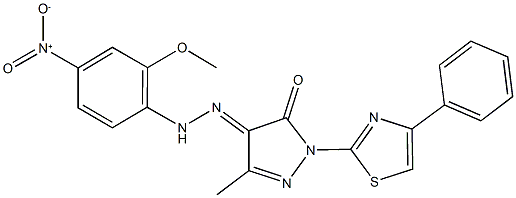 3-methyl-1-(4-phenyl-1,3-thiazol-2-yl)-1H-pyrazole-4,5-dione 4-({4-nitro-2-methoxyphenyl}hydrazone) 结构式