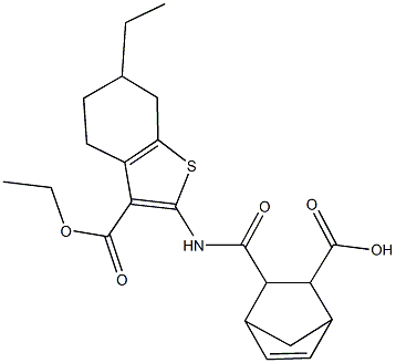 3-({[3-(ethoxycarbonyl)-6-ethyl-4,5,6,7-tetrahydro-1-benzothien-2-yl]amino}carbonyl)bicyclo[2.2.1]hept-5-ene-2-carboxylic acid 结构式