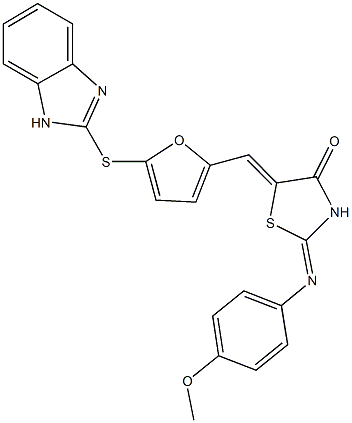 5-{[5-(1H-benzimidazol-2-ylsulfanyl)-2-furyl]methylene}-2-[(4-methoxyphenyl)imino]-1,3-thiazolidin-4-one 结构式