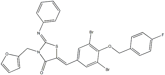 5-{3,5-dibromo-4-[(4-fluorobenzyl)oxy]benzylidene}-3-(2-furylmethyl)-2-(phenylimino)-1,3-thiazolidin-4-one 结构式