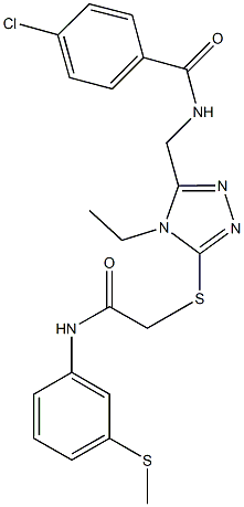 4-chloro-N-{[4-ethyl-5-({2-[3-(methylsulfanyl)anilino]-2-oxoethyl}sulfanyl)-4H-1,2,4-triazol-3-yl]methyl}benzamide 结构式