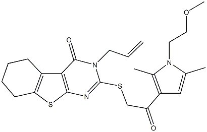 3-allyl-2-({2-[1-(2-methoxyethyl)-2,5-dimethyl-1H-pyrrol-3-yl]-2-oxoethyl}sulfanyl)-5,6,7,8-tetrahydro[1]benzothieno[2,3-d]pyrimidin-4(3H)-one 结构式