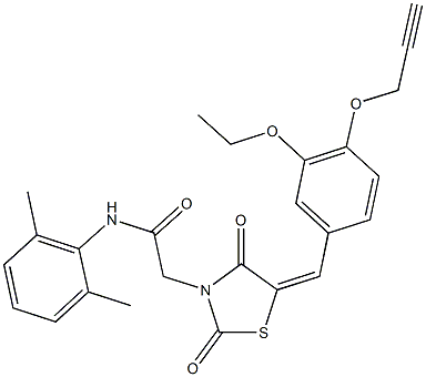 N-(2,6-dimethylphenyl)-2-{5-[3-ethoxy-4-(2-propynyloxy)benzylidene]-2,4-dioxo-1,3-thiazolidin-3-yl}acetamide 结构式