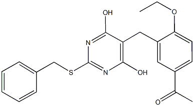 1-(3-{[2-(benzylsulfanyl)-4,6-dihydroxy-5-pyrimidinyl]methyl}-4-ethoxyphenyl)ethanone 结构式