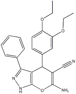 6-amino-4-[3,4-bis(ethyloxy)phenyl]-3-phenyl-1,4-dihydropyrano[2,3-c]pyrazole-5-carbonitrile 结构式