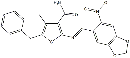 5-benzyl-2-[({6-nitro-1,3-benzodioxol-5-yl}methylene)amino]-4-methyl-3-thiophenecarboxamide 结构式