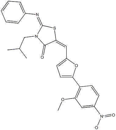 5-[(5-{4-nitro-2-methoxyphenyl}-2-furyl)methylene]-3-isobutyl-2-(phenylimino)-1,3-thiazolidin-4-one 结构式