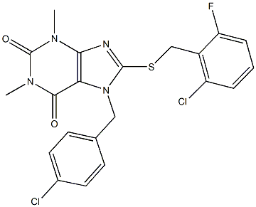 7-(4-chlorobenzyl)-8-[(2-chloro-6-fluorobenzyl)sulfanyl]-1,3-dimethyl-3,7-dihydro-1H-purine-2,6-dione 结构式