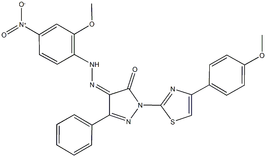 1-[4-(4-methoxyphenyl)-1,3-thiazol-2-yl]-3-phenyl-1H-pyrazole-4,5-dione 4-({4-nitro-2-methoxyphenyl}hydrazone) 结构式