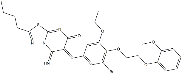 6-{3-bromo-5-ethoxy-4-[2-(2-methoxyphenoxy)ethoxy]benzylidene}-2-butyl-5-imino-5,6-dihydro-7H-[1,3,4]thiadiazolo[3,2-a]pyrimidin-7-one 结构式