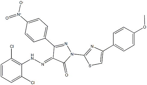 3-{4-nitrophenyl}-1-[4-(4-methoxyphenyl)-1,3-thiazol-2-yl]-1H-pyrazole-4,5-dione 4-[(2,6-dichlorophenyl)hydrazone] 结构式