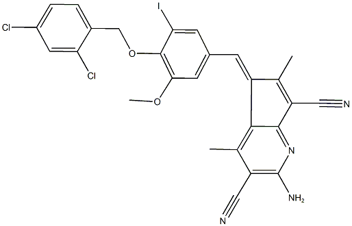 2-amino-5-{4-[(2,4-dichlorobenzyl)oxy]-3-iodo-5-methoxybenzylidene}-4,6-dimethyl-5H-cyclopenta[b]pyridine-3,7-dicarbonitrile 结构式
