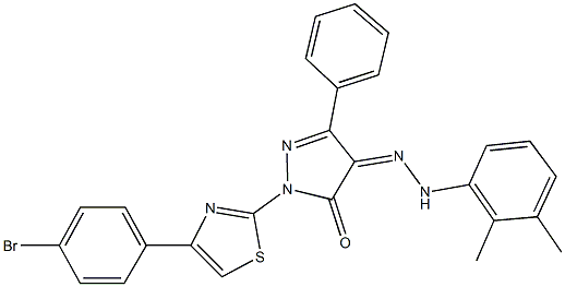 1-[4-(4-bromophenyl)-1,3-thiazol-2-yl]-3-phenyl-1H-pyrazole-4,5-dione 4-[(2,3-dimethylphenyl)hydrazone] 结构式