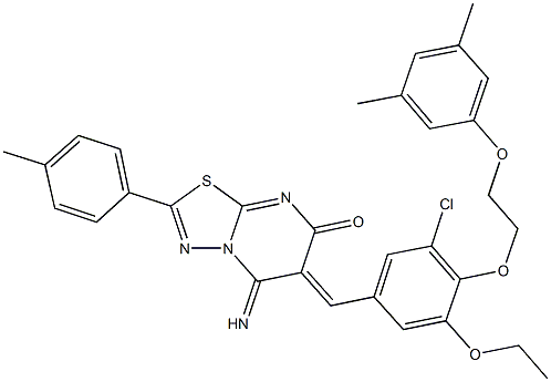 6-{3-chloro-4-[2-(3,5-dimethylphenoxy)ethoxy]-5-ethoxybenzylidene}-5-imino-2-(4-methylphenyl)-5,6-dihydro-7H-[1,3,4]thiadiazolo[3,2-a]pyrimidin-7-one 结构式