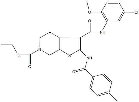 ethyl3-[(5-chloro-2-methoxyanilino)carbonyl]-2-[(4-methylbenzoyl)amino]-4,7-dihydrothieno[2,3-c]pyridine-6(5H)-carboxylate 结构式