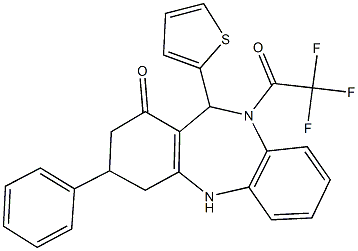 3-phenyl-11-(2-thienyl)-10-(trifluoroacetyl)-2,3,4,5,10,11-hexahydro-1H-dibenzo[b,e][1,4]diazepin-1-one 结构式