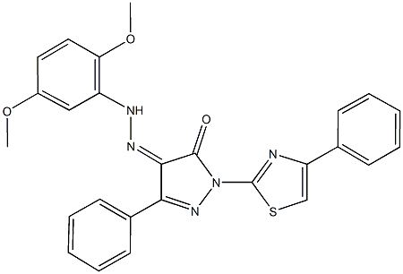 3-phenyl-1-(4-phenyl-1,3-thiazol-2-yl)-1H-pyrazole-4,5-dione 4-[(2,5-dimethoxyphenyl)hydrazone] 结构式