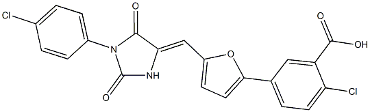 2-chloro-5-(5-{[1-(4-chlorophenyl)-2,5-dioxo-4-imidazolidinylidene]methyl}-2-furyl)benzoic acid 结构式
