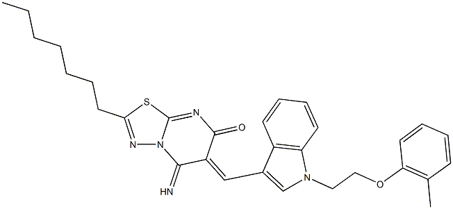 2-heptyl-5-imino-6-({1-[2-(2-methylphenoxy)ethyl]-1H-indol-3-yl}methylene)-5,6-dihydro-7H-[1,3,4]thiadiazolo[3,2-a]pyrimidin-7-one 结构式