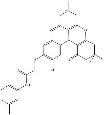 2-[2-chloro-4-(3,3,6,6-tetramethyl-1,8-dioxo-2,3,4,5,6,7,8,9-octahydro-1H-xanthen-9-yl)phenoxy]-N-(3-methylphenyl)acetamide 结构式