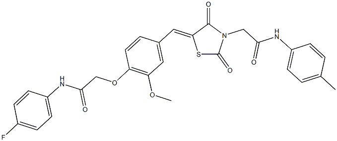 2-[4-({2,4-dioxo-3-[2-oxo-2-(4-toluidino)ethyl]-1,3-thiazolidin-5-ylidene}methyl)-2-methoxyphenoxy]-N-(4-fluorophenyl)acetamide 结构式