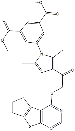 dimethyl 5-{3-[(6,7-dihydro-5H-cyclopenta[4,5]thieno[2,3-d]pyrimidin-4-ylsulfanyl)acetyl]-2,5-dimethyl-1H-pyrrol-1-yl}isophthalate 结构式