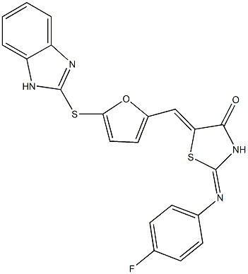 5-{[5-(1H-benzimidazol-2-ylsulfanyl)-2-furyl]methylene}-2-[(4-fluorophenyl)imino]-1,3-thiazolidin-4-one 结构式