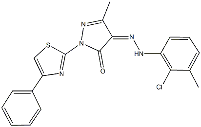 3-methyl-1-(4-phenyl-1,3-thiazol-2-yl)-1H-pyrazole-4,5-dione 4-[(2-chloro-3-methylphenyl)hydrazone] 结构式