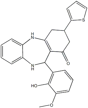 11-(2-hydroxy-3-methoxyphenyl)-3-(2-thienyl)-2,3,4,5,10,11-hexahydro-1H-dibenzo[b,e][1,4]diazepin-1-one 结构式