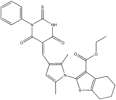 ethyl 2-{3-[(4,6-dioxo-1-phenyl-2-thioxotetrahydro-5(2H)-pyrimidinylidene)methyl]-2,5-dimethyl-1H-pyrrol-1-yl}-4,5,6,7-tetrahydro-1-benzothiophene-3-carboxylate 结构式