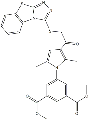 dimethyl 5-{2,5-dimethyl-3-[([1,2,4]triazolo[3,4-b][1,3]benzothiazol-3-ylsulfanyl)acetyl]-1H-pyrrol-1-yl}isophthalate 结构式