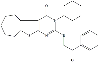 3-cyclohexyl-2-[(2-oxo-2-phenylethyl)sulfanyl]-3,5,6,7,8,9-hexahydro-4H-cyclohepta[4,5]thieno[2,3-d]pyrimidin-4-one 结构式