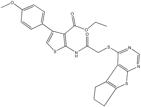 ethyl 2-{[(6,7-dihydro-5H-cyclopenta[4,5]thieno[2,3-d]pyrimidin-4-ylsulfanyl)acetyl]amino}-4-(4-methoxyphenyl)-3-thiophenecarboxylate 结构式