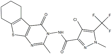 4-chloro-1-methyl-N-(2-methyl-4-oxo-5,6,7,8-tetrahydro[1]benzothieno[2,3-d]pyrimidin-3(4H)-yl)-5-(trifluoromethyl)-1H-pyrazole-3-carboxamide 结构式