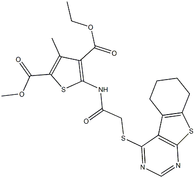 4-ethyl 2-methyl 3-methyl-5-{[(5,6,7,8-tetrahydro[1]benzothieno[2,3-d]pyrimidin-4-ylsulfanyl)acetyl]amino}-2,4-thiophenedicarboxylate 结构式