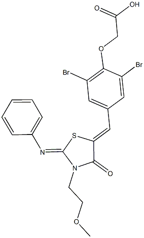 (2,6-dibromo-4-{[3-(2-methoxyethyl)-4-oxo-2-(phenylimino)-1,3-thiazolidin-5-ylidene]methyl}phenoxy)acetic acid 结构式