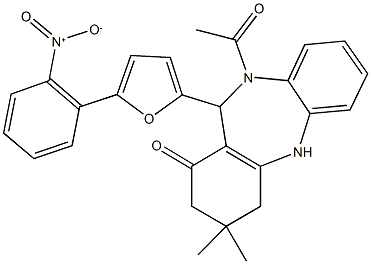 10-acetyl-11-(5-{2-nitrophenyl}-2-furyl)-3,3-dimethyl-2,3,4,5,10,11-hexahydro-1H-dibenzo[b,e][1,4]diazepin-1-one 结构式