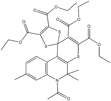 tetraethyl 6'-acetyl-5',5',8'-trimethyl-5',6'-dihydrospiro[1,3-dithiole-2,1'-(1'H)-thiopyrano[2,3-c]quinoline]-2',3',4,5-tetracarboxylate 结构式