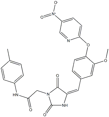 2-{4-[4-({5-nitro-2-pyridinyl}oxy)-3-methoxybenzylidene]-2,5-dioxo-1-imidazolidinyl}-N-(4-methylphenyl)acetamide 结构式