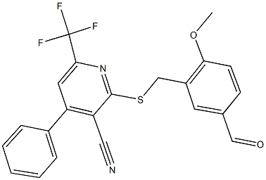 2-[(5-formyl-2-methoxybenzyl)sulfanyl]-4-phenyl-6-(trifluoromethyl)nicotinonitrile 结构式