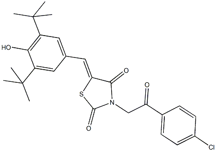 3-[2-(4-chlorophenyl)-2-oxoethyl]-5-(3,5-ditert-butyl-4-hydroxybenzylidene)-1,3-thiazolidine-2,4-dione 结构式