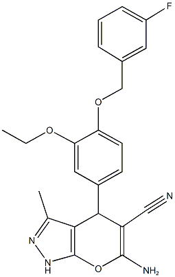 6-amino-4-{3-ethoxy-4-[(3-fluorobenzyl)oxy]phenyl}-3-methyl-1,4-dihydropyrano[2,3-c]pyrazole-5-carbonitrile 结构式