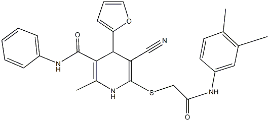 5-cyano-6-{[2-(3,4-dimethylanilino)-2-oxoethyl]sulfanyl}-4-(2-furyl)-2-methyl-N-phenyl-1,4-dihydropyridine-3-carboxamide 结构式