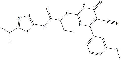 2-{[5-cyano-4-(3-methoxyphenyl)-6-oxo-1,6-dihydro-2-pyrimidinyl]sulfanyl}-N-(5-isopropyl-1,3,4-thiadiazol-2-yl)butanamide 结构式