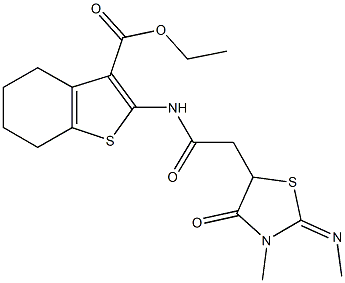 ethyl 2-({[3-methyl-2-(methylimino)-4-oxo-1,3-thiazolidin-5-yl]acetyl}amino)-4,5,6,7-tetrahydro-1-benzothiophene-3-carboxylate 结构式