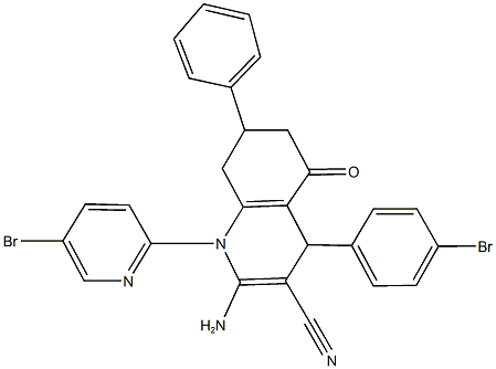 2-amino-4-(4-bromophenyl)-1-(5-bromopyridin-2-yl)-5-oxo-7-phenyl-1,4,5,6,7,8-hexahydroquinoline-3-carbonitrile 结构式