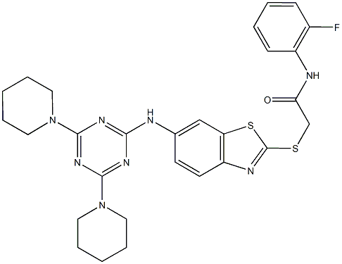 2-[(6-{[4,6-di(1-piperidinyl)-1,3,5-triazin-2-yl]amino}-1,3-benzothiazol-2-yl)sulfanyl]-N-(2-fluorophenyl)acetamide 结构式
