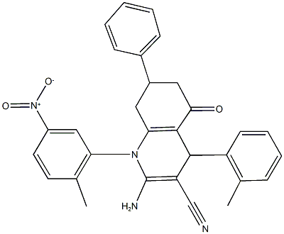2-amino-1-{5-nitro-2-methylphenyl}-4-(2-methylphenyl)-5-oxo-7-phenyl-1,4,5,6,7,8-hexahydroquinoline-3-carbonitrile 结构式
